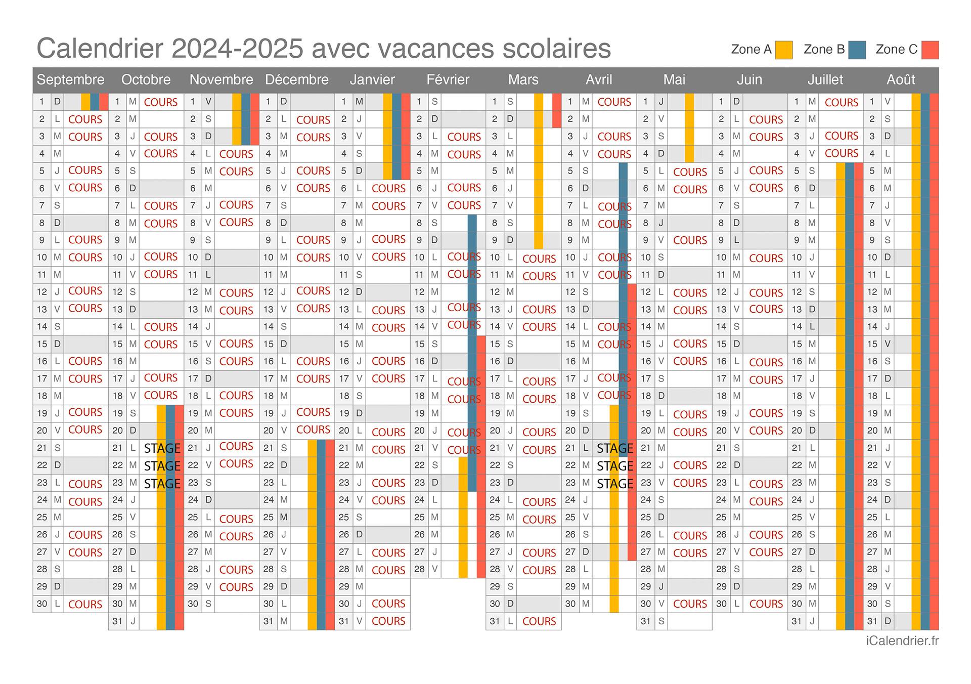 Calendrier des cours 2024 2025emonsite